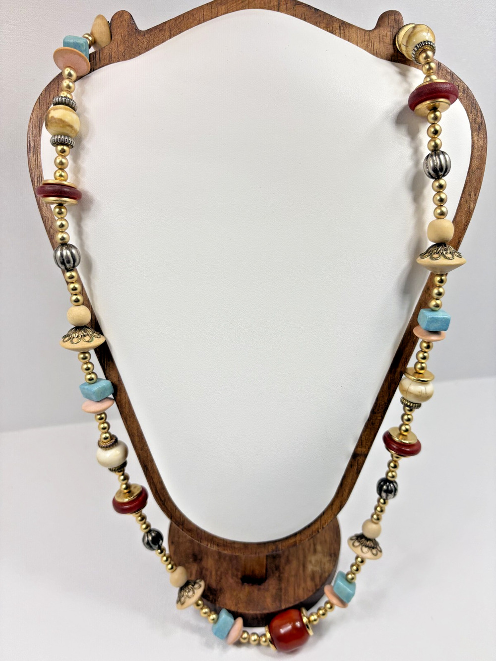 Vintage 1980s Mixed Media Statement Necklace Chunky Wood Resin Faux Turquoise
